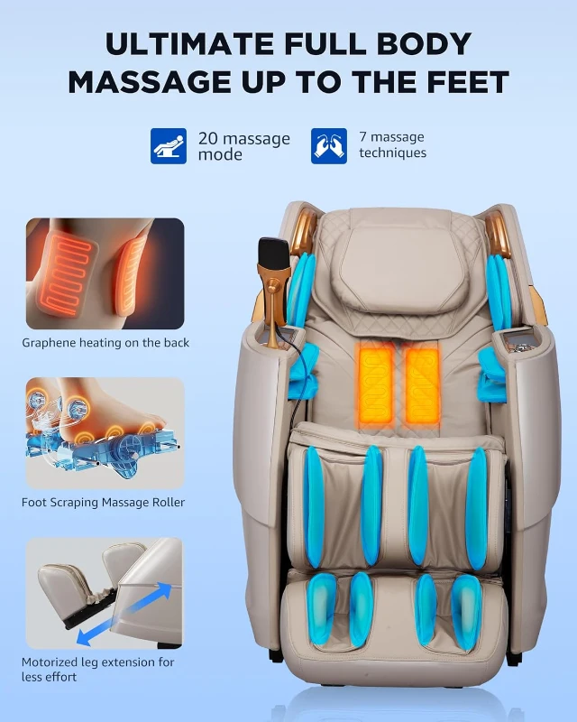 Oversize 4D Full-Body Massage Chair - Zero Gravity Recliner with 135cm SL-Track, O2 Ionizer, Motorized Calf Extension, Kneading, Yoga Stretch, Back Heating, 20 Modes (Ivory)