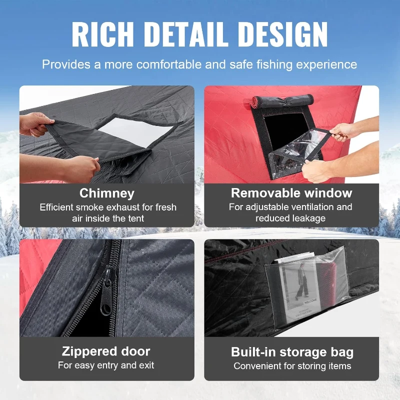 VEVOR Large Insulated Pop-Up Ice Fishing Tent – 600D Oxford, 80g Padding, Hub-Style Shelter for Multiple Anglers, Waterproof, Includes Anchors, Ropes & Carry Bag