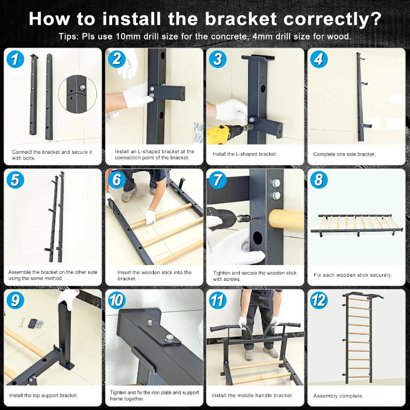 Kipika 2 x 2-inch Swedish Wall Ladder – Wall-Mounted Pull-Up Bar & Suspension Trainer with 1-inch Holes, Solid Wood Grips, Power Rack Compatible Gymnastic Stall Bar for Home, School and Wall Gyms