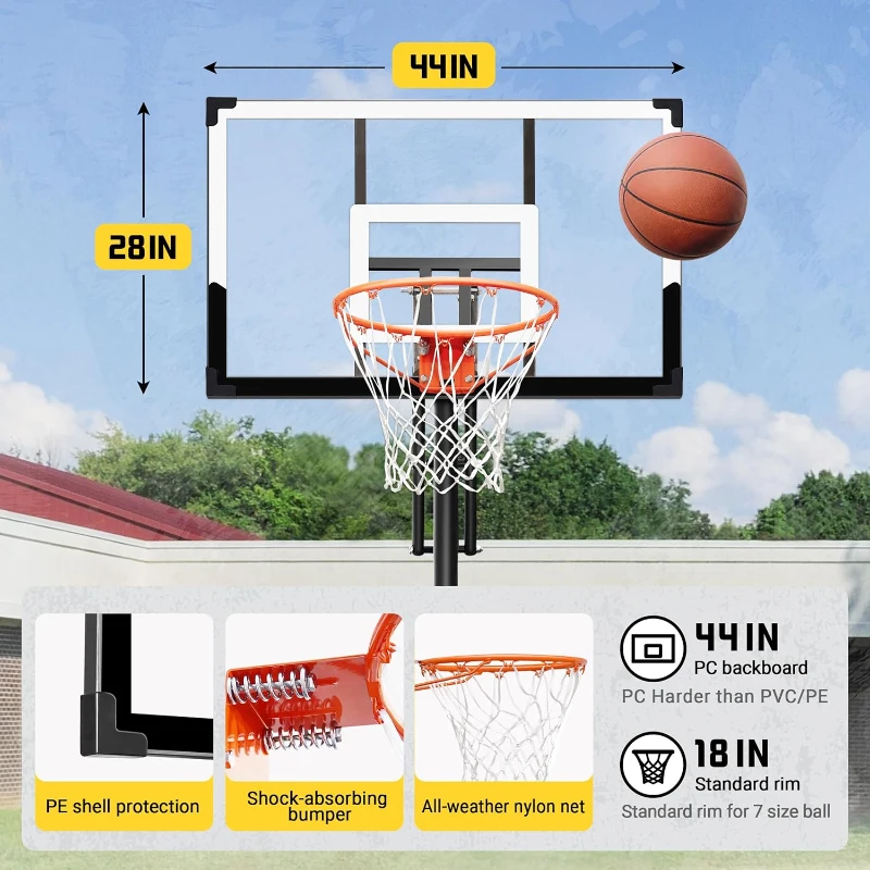Aimking 44"" Shatterproof Backboard Basketball System, 4.8–10 ft Height-Adjustable Hoop for Youth, Teens & Adults (Indoor/Outdoor/Pool)