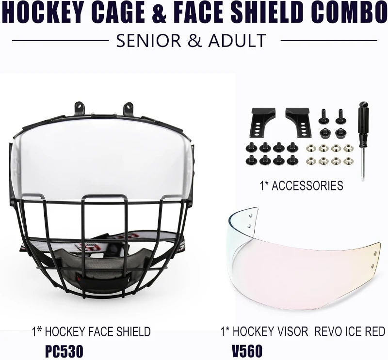 GY Hockey Helmet Cage and Face Shield Protector Combo — Steel Wire Cage with Polycarbonate Visor