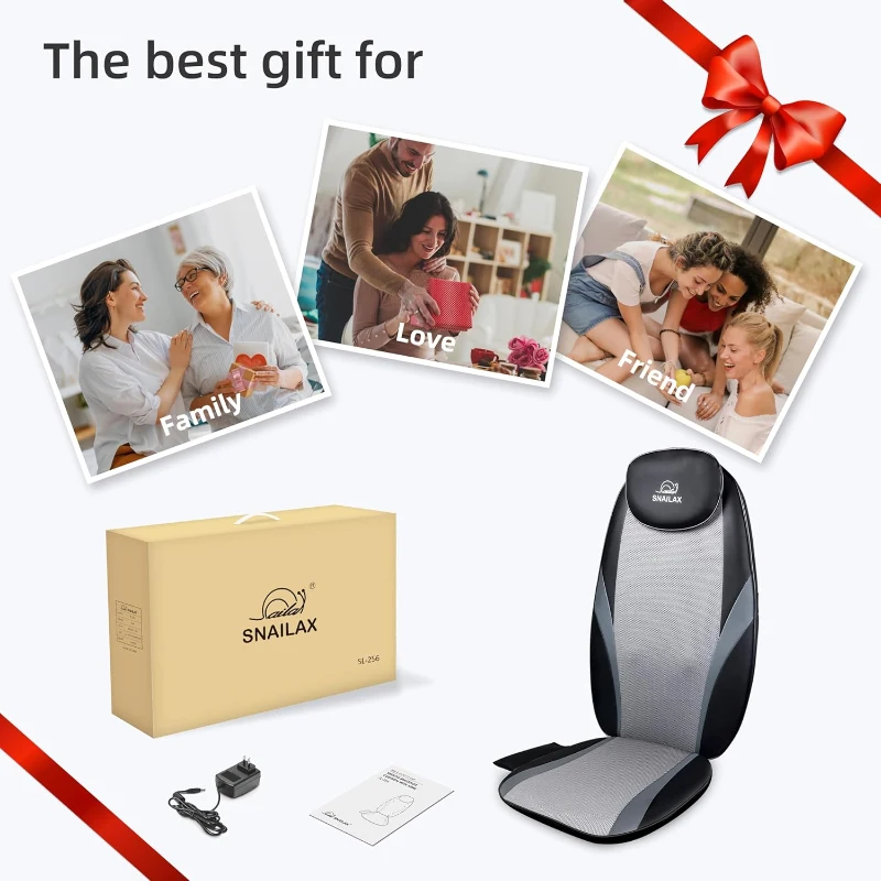 Snailax Shiatsu Heated Massage Cushion with 3D Kneading Rollers, Deep Tissue Back Massager Pad with Spot Function and Vibrating Seat – Travel & Home Use