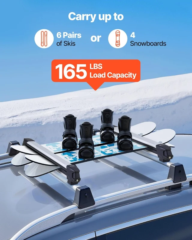 VEVOR Ski & Snowboard Roof Rack, Carries up to 6 Pairs of Skis or 4 Snowboards, 2-Pack Aluminum Universal Roof Holders with Lock & Rubber Padding, Carrier for Fishing Rods, Fits Most Slotted Crossbars
