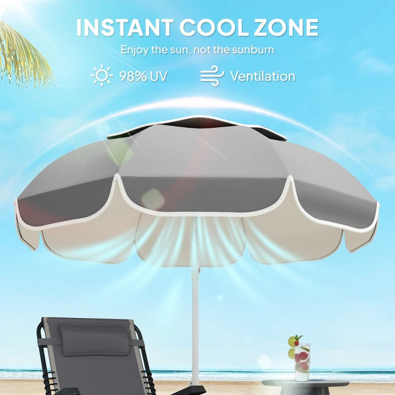 Outsunny 6 ft Beach Umbrella Portable with Sand Anchor, Carry Bag, Adjustable Height & Tilt, UPF50+ UV Protection, Grey