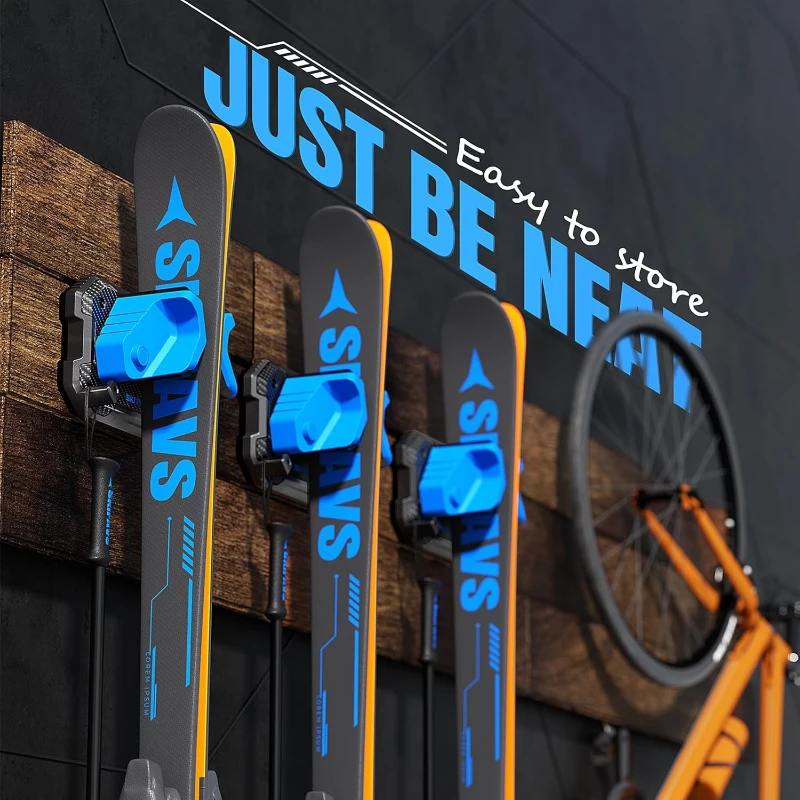 Blue Ski & Snowboard Wall Rack – 6-Pack Space-Saving Garage Mount, Damage-Free Holders for Any Ski or Board
