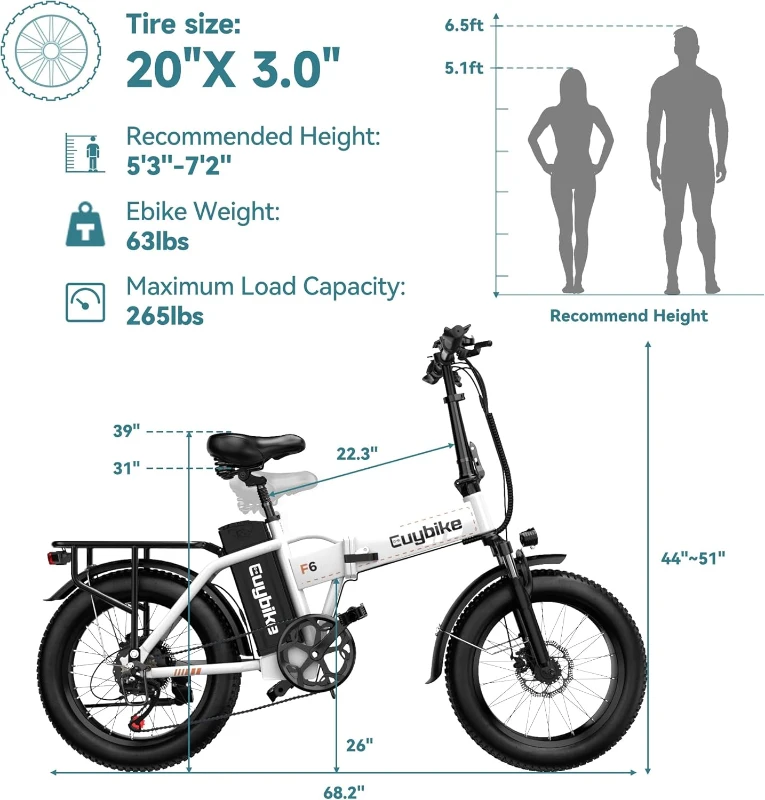 KEBIKO 1000W Peak Folding Electric Bike - 48V 20Ah Removable Battery, 30+ MPH, Up to 80 Mile Range, 20"" Fat Tire Foldable E-Bike for Adults (Commute, Beach, Snow)