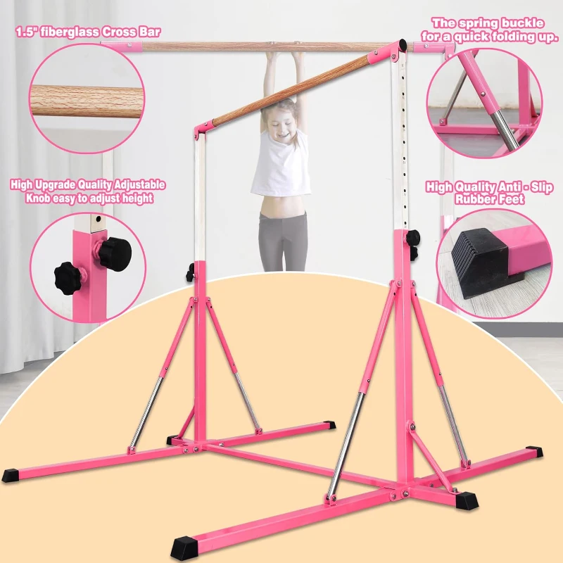 Foldable Adjustable Gymnastics Bar 5FT/6FT for Kids & Teens, Height Range 35.4–59 in (or 45–71 in), 500 lbs Capacity — Home Training Equipment