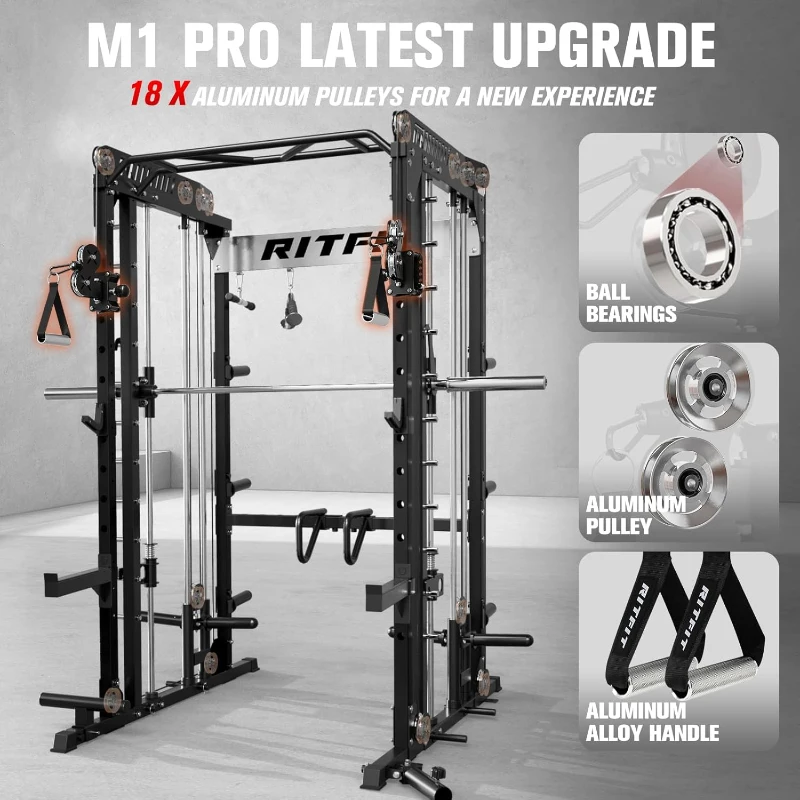 RitFit M1 / M1 Pro Smith Machine with Cable Crossover – Multi-Function Power Cage Package with Adjustable Bench & 260LB Bumper Plate Set