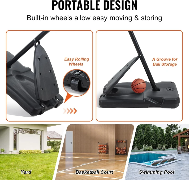 VEVOR Adjustable Portable Basketball Hoop with Weighted Base, Wheels and PC Backboard — Indoor/Outdoor for Youth & Adults