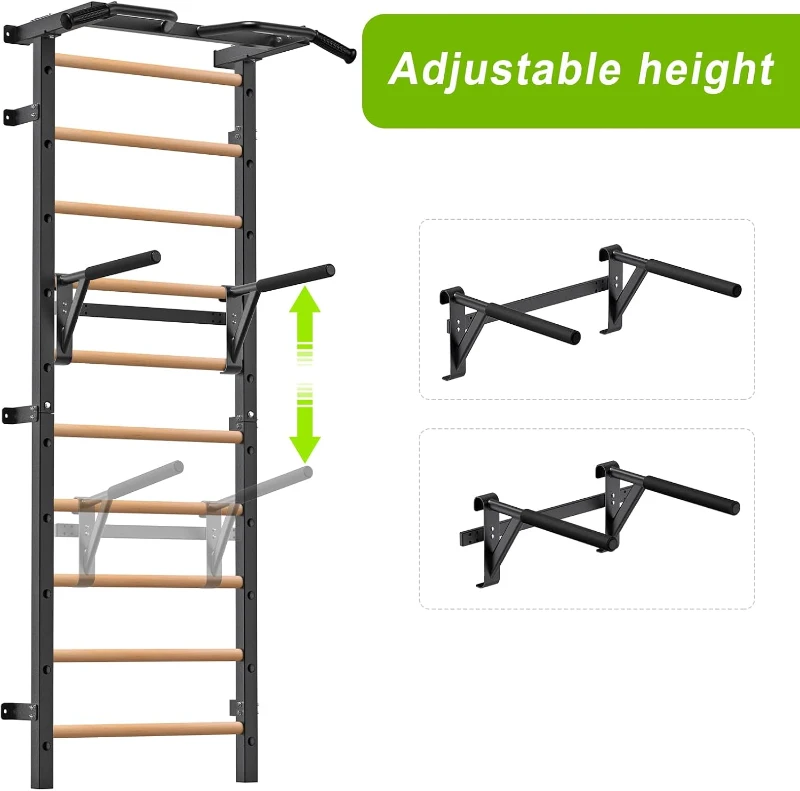 Kipika 2""x2"" Swedish Stall Bar with 1"" Holes - Wall-Mounted Gymnastic Ladder and Pull-Up Trainer with Solid Wood Grips