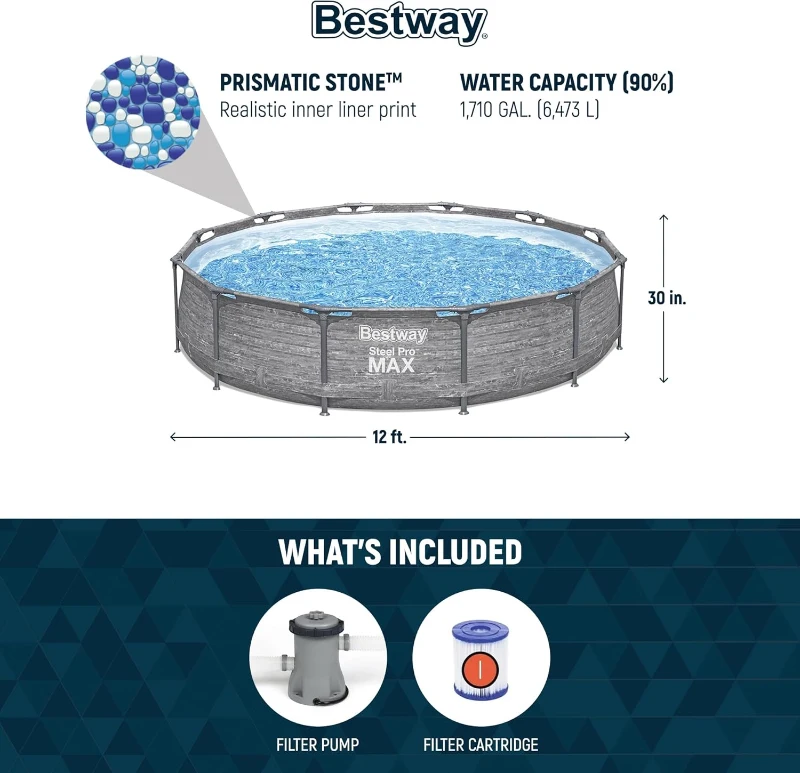 Bestway Steel Pro MAX 12' x 30"" Round Above-Ground Family Pool Set with Metal Frame, Liner and 330-Gallon Filter Pump – Gray