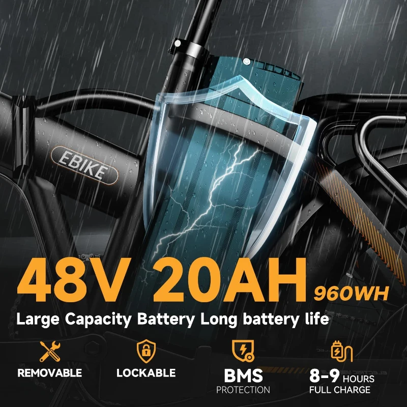 1000W Folding Electric Mountain Bike, 48V 20Ah Detachable Battery, 30+ MPH, 60-Mile Range (PAS), 20"" Fat Tire Foldable E-Bike for Adults