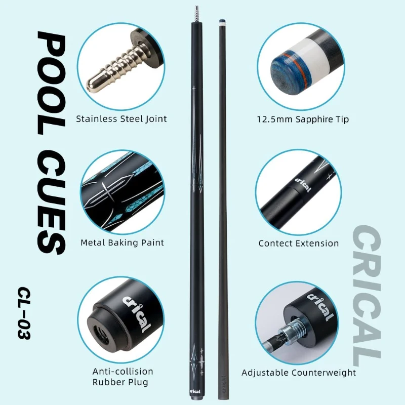 CRICAL CL-03 Carbon Fiber 58-inch Pool Cue – Professional Low-Deflection Cue with 3/8x8 Pin Joint and 12.5mm Tip