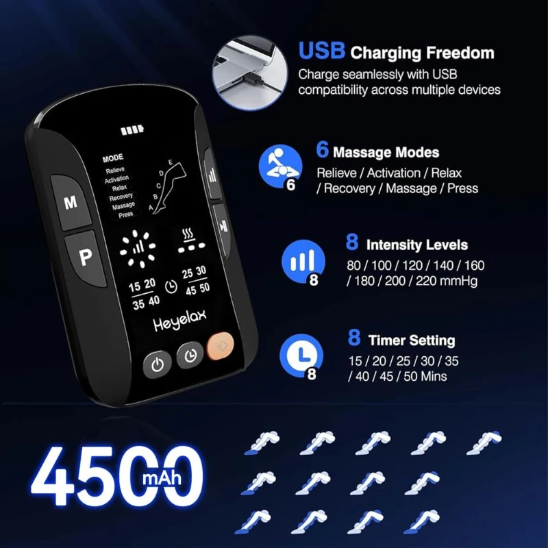 Heyelax Air Compression Leg Massager with Heat — Cordless Recovery Boots Sleeve for Circulation & Pain Relief, Thigh-to-Foot Compression (Large, 2-Pack, FSA)