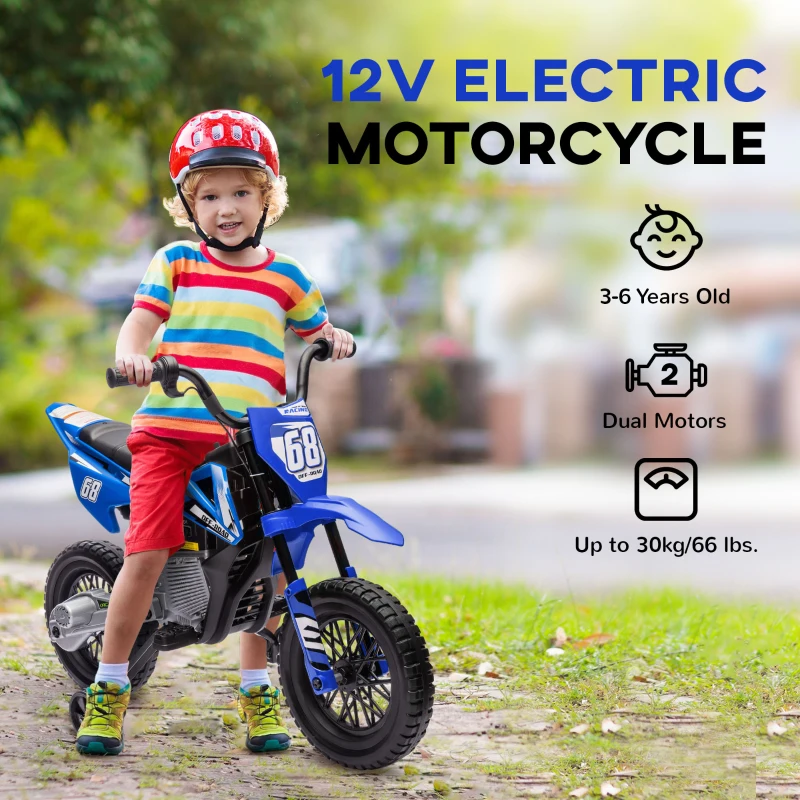 Qaba 12V Kids Dirt Bike, Electric Motorcycle with Twist Grip Throttle, Training Wheels, Rear Suspension & Music, Blue