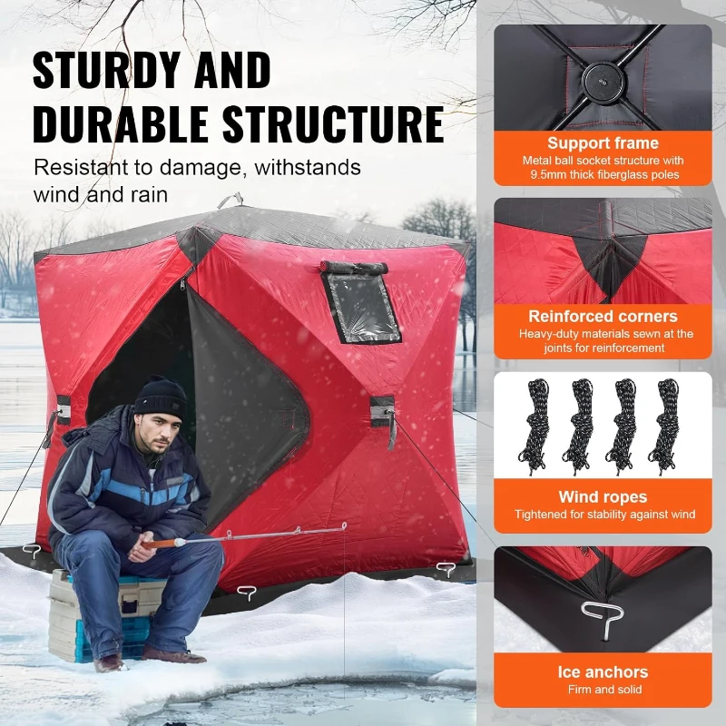 VEVOR Insulated Pop-Up Ice Fishing Tent – 600D Oxford, 80g Insulation, Hub-Style Portable Shelter for 1–8 People, Waterproof, Includes Anchors, Ropes & Carry Bag