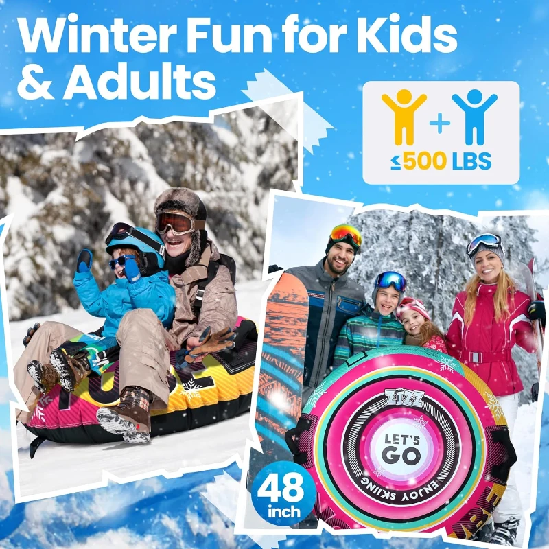 ZIZZ 48-inch Premium Canvas Inflatable Snow Tube — Heavy-Duty Winter Sled for Families