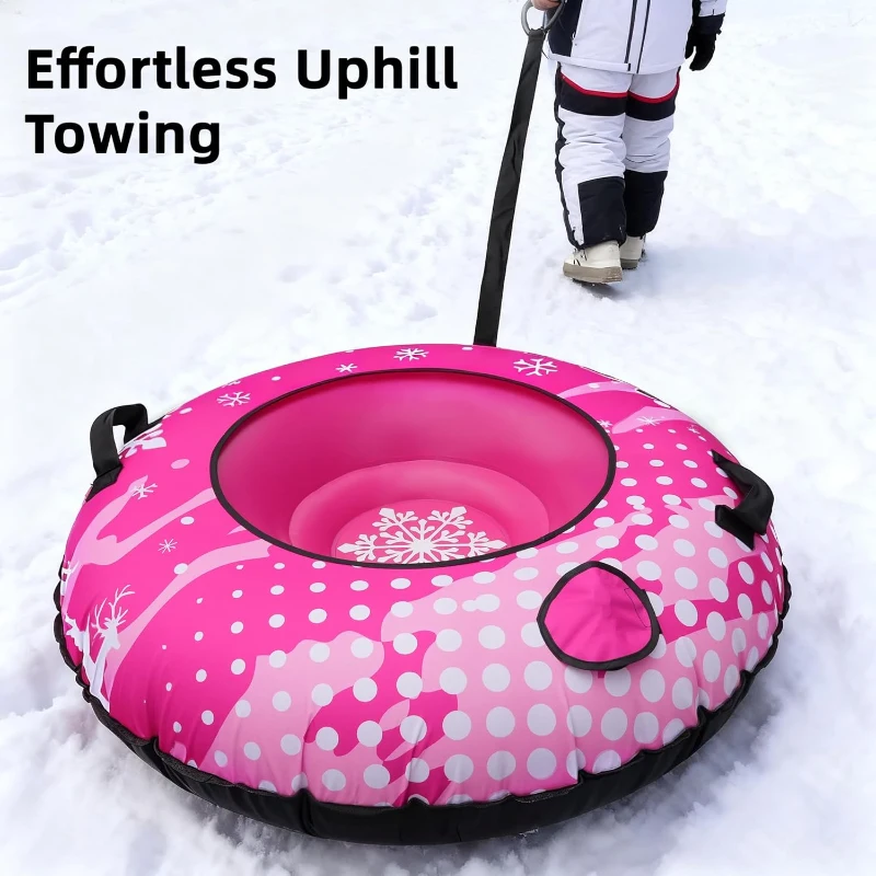 48"" Heavy-Duty Inflatable Snow Tube — Cold-Resistant with Canvas Cover, Padded Handles, Reinforced Bottom & Tow Rope, Ideal Winter Gift