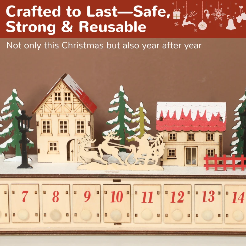 HOMCOM Christmas Advent Calendar with 24 Countdown Drawers and LED Lights, Wood-Effect Advent Calendar, Battery Operated