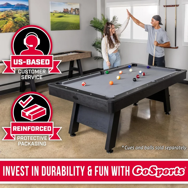GoSports 7 ft Wood-Finish Pool Table — Rustic Black Frame with Gray Felt (7 x 4 ft)