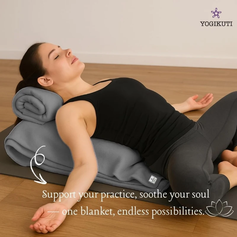 Yogikuti Iyengar Thick Handwoven Cotton Yoga Blanket Set of Two – Premium Support for Restorative Yoga, Meditation & Pranayama (Gray)