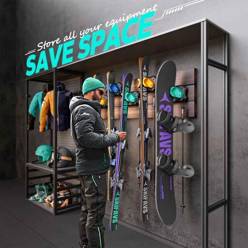 Skifavs Ski & Snowboard Wall Rack for Garage Wall — Universal Fit, Damage-Free Storage Rack, Green (6-Pack)