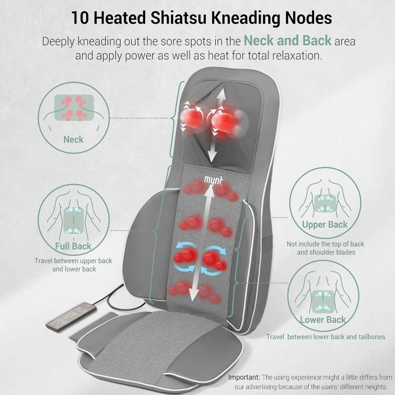 Mynt 2D & 3D Shiatsu Neck and Back Massager Pad — 10 Deep Kneading Nodes, Adjustable Height, Heat, Spot & Demo Modes — Portable Gray Chair Massage Cushion