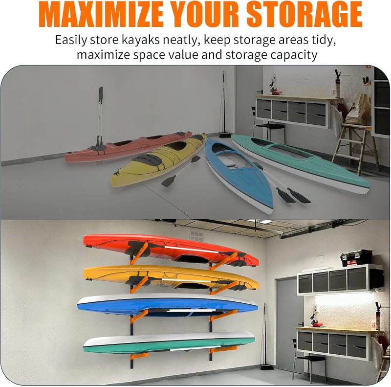Wall-Mount Kayak Storage Rack - Heavy-Duty Adjustable Steel Spacesaver for Garage, Indoor & Outdoor
