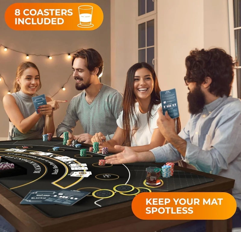 Newverest 70"" x 35"" Blackjack Table Top – Midnight Black Casino-Style Poker Mat with Zipper Storage Bag and 8 Coasters in Gift Box