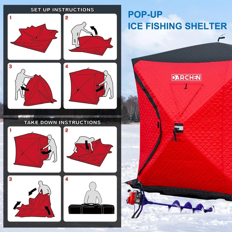 DARCHEN Insulated 3-Layer Pop-Up Ice Fishing Shanty for 3–4 People — Thermal Tent with Insulation Layer
