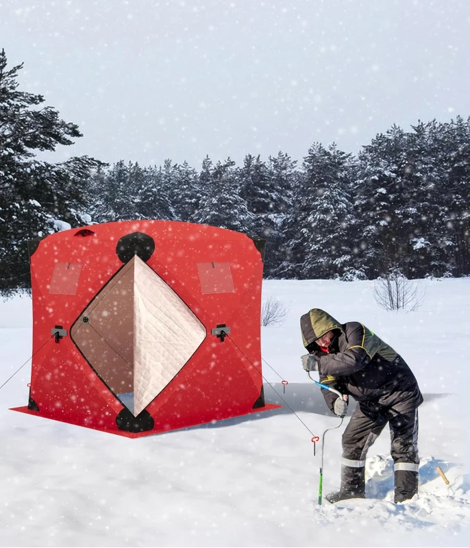 DEXSO Pop-Up Ice Fishing Shelter — Spacious 4–6 Person Portable Ice Shack, Durable Weather-Resistant (Blue/Red)