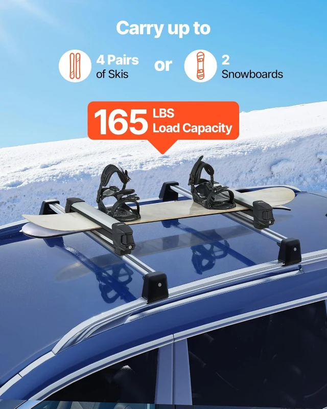VEVOR Ski & Snowboard Roof Rack, Holds up to 4 Pairs of Skis or 2 Snowboards, 2-Pack Aluminum Universal Crossbar Mount with Lock & Rubber Padding, Carrier for Fishing Rods, Fits Most Slotted Crossbars