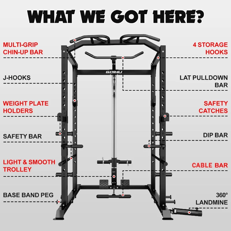 GOIMU C1-V4 Power Cage – 2000 lb Heavy-Duty Squat Rack with Lat Pulldown & Multi-Function Attachments for Home/Garage Gym