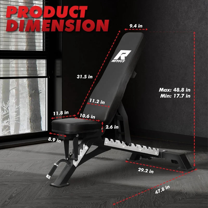 RITFIT Adjustable Weight Bench — Multi-Position Incline/Decline/Flat Bench for Home Gym, 1300 lb Capacity