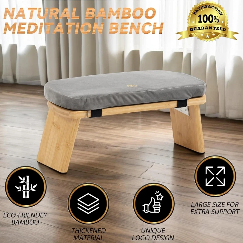 Bamboo Folding Meditation Bench Stool with Cushion and Carrying Bag — Seiza Kneeling Prayer Bench (Grey & Bag)