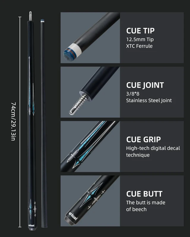 CRICAL 58"" Carbon Fiber Pool Cue Set CL-03 — Professional Low-Deflection Billiard Cue with 3/8×8 Joint, 12.5mm Tip and Accessories