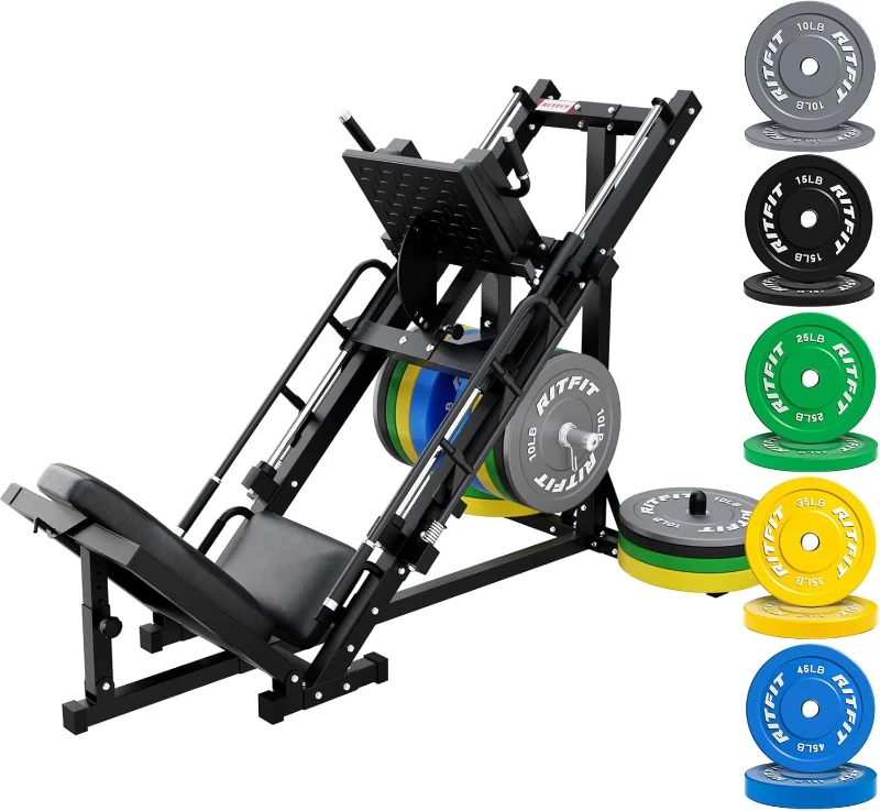 RitFit Professional Hack Squat and Leg Press Machine with Weight Plate Set, Linear-Guide Bearings, Plate Storage Posts — Versatile Lower-Body Home Gym