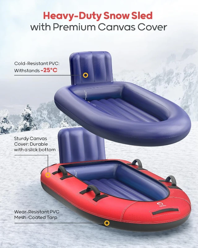 QPAU Oversized 2-Person Inflatable Snow Tube with Canvas Cover — Heavy-Duty Toboggan (63.5"" x 33.5"") with Reinforced Handles for Adults & Kids
