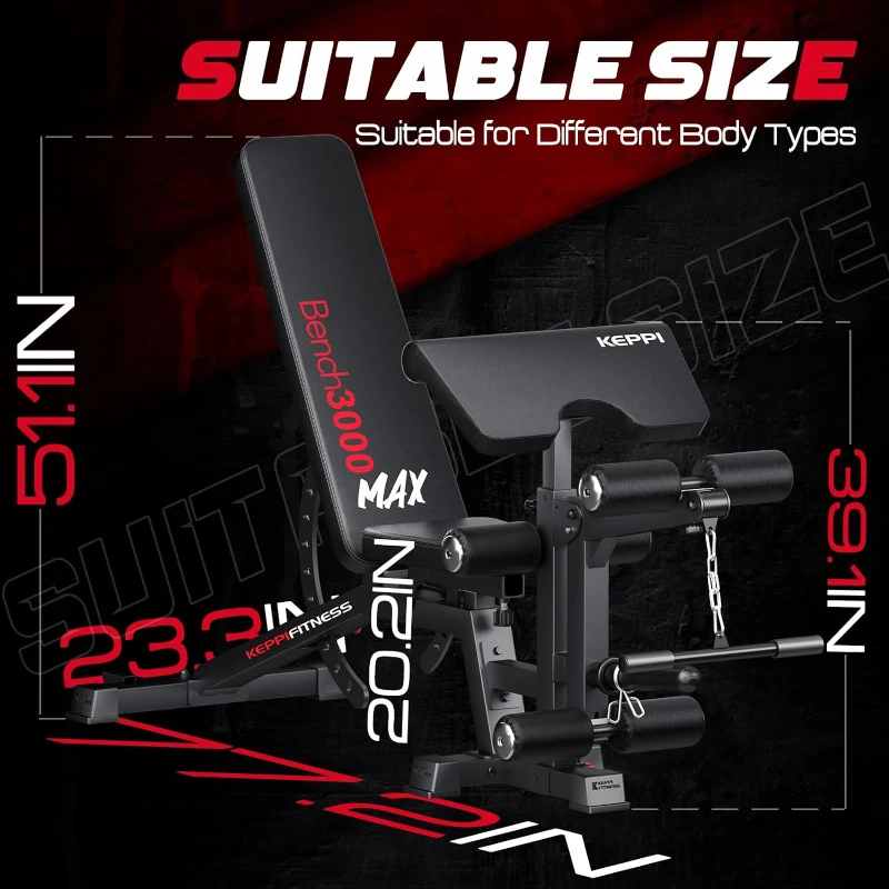 KeppiFitness Bench3000 MAX Adjustable Weight Bench – Heavy-Duty 1200 lb Capacity with Leg Extension & Preacher Pad, Flat/Incline/Decline