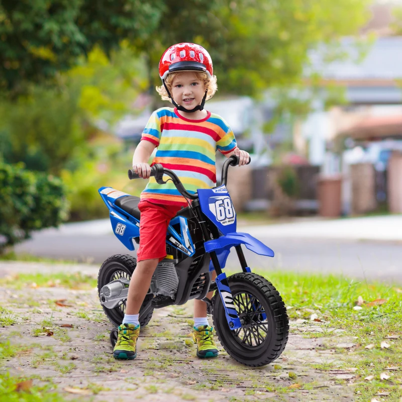 Qaba 12V Kids Dirt Bike, Electric Motorcycle with Twist Grip Throttle, Training Wheels, Rear Suspension & Music, Blue