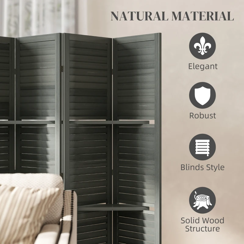 HOMCOM 6 Panel 67" Tall Wood Privacy Screen Room Divider with 3 Shelves and Folding Storage for Bedroom, Gray