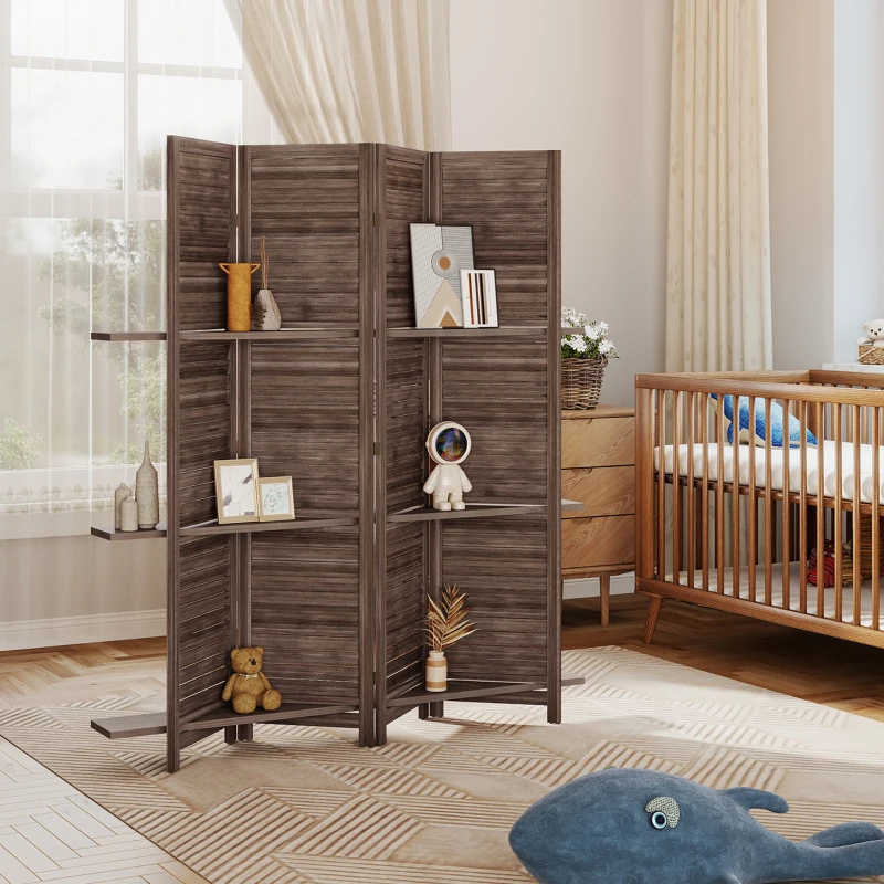 HOMCOM 4 Panel 67" Tall Wood Privacy Screen Room Divider with 3 Shelves and Folding Storage for Bedroom, Walnut