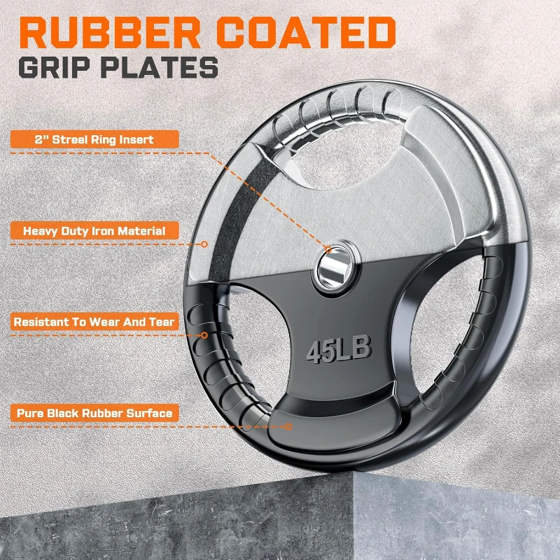 XDDIAS 2-Inch Olympic Rubber Grip Plates — Solid Cast Iron Core Weight Set for Home & Gym Strength, Weightlifting and Bodybuilding (Pair/Sets)