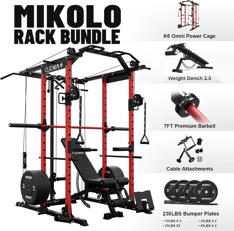 Mikolo K6 Power Cage — 1500 lb Rated Power Rack with Cable Crossover, Lat Pulldown & Pulley System, All-in-One Home Gym
