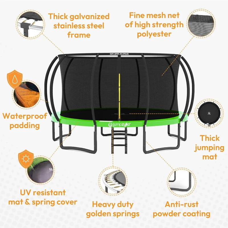 JUMPZYLLA Outdoor Trampoline Set with Enclosure & Ladder — 8FT/10FT/12FT/14FT/15FT/16FT | ASTM Approved | Anti-Rust Coating