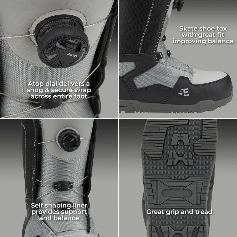 5th Element ST Men's Snowboard Boots — Lace-plus-Dial Design, Black; Strap-Binding Compatible, Waterproof Inner Liners, All-Mountain Size