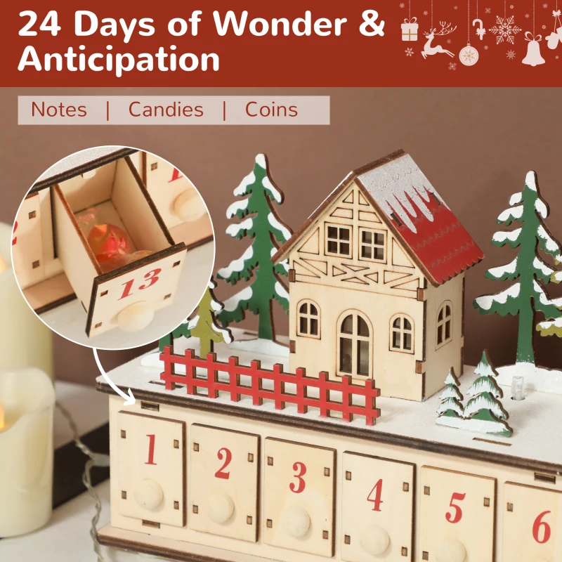 HOMCOM Christmas Advent Calendar with 24 Countdown Drawers and LED Lights, Wood-Effect Advent Calendar, Battery Operated