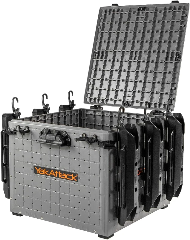 YakAttack BlackPak Pro 16"" x 16"" Battleship Grey Fishing Crate with 6 Rod Holders – Customizable Kayak Tackle Organizer | Made in USA