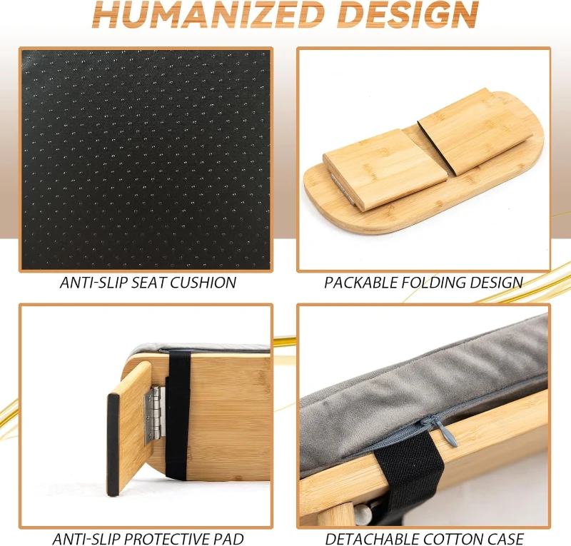 Bamboo Folding Meditation Bench Stool with Cushion and Carrying Bag — Seiza Kneeling Prayer Bench (Grey & Bag)