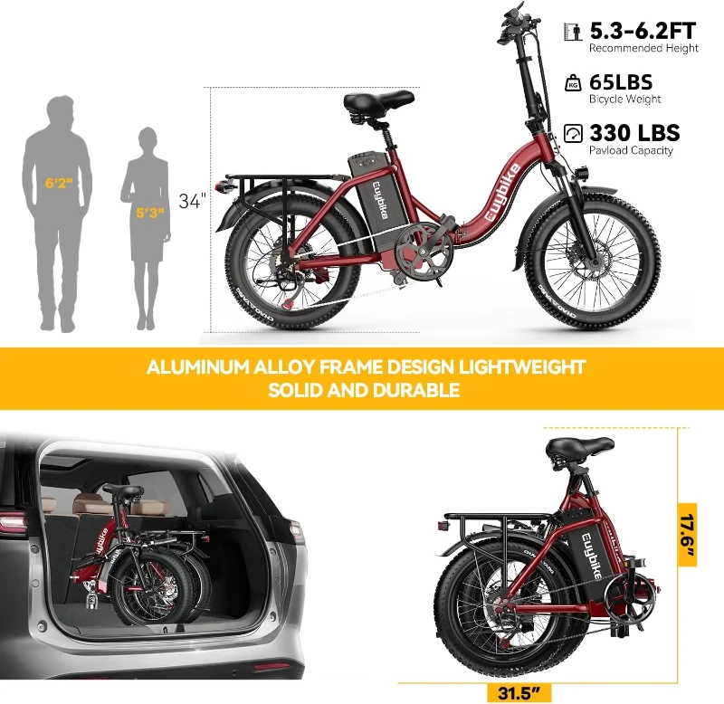 KEBIKO 1000W Peak Foldable Electric Bike with 48V 20Ah Removable Battery, 30+ MPH, Up to 80-Mile Range, 20"" Fat Tire Foldable Ebike for Adults – Commute, Beach, Snow